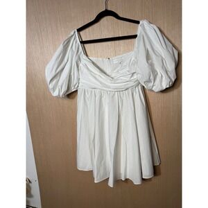 Caroline Constas White Puff Sleeve Babydoll Mini Dress Cotton Poplin Size L